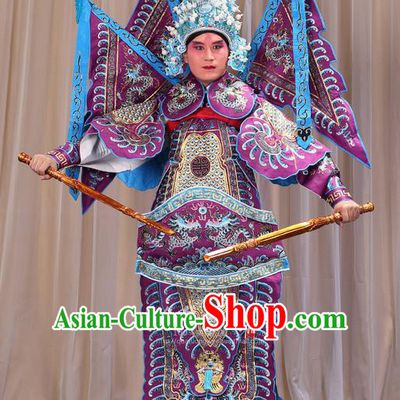 Traditional Chinese Beijing Opera Takefu Green Armour Purple Clothing and Boots Complete Set, China Peking Opera Martial General Role Costume Embroidered Opera Costumes