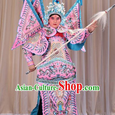 Traditional Chinese Beijing Opera Takefu Green Armour Pink Clothing and Boots Complete Set, China Peking Opera Martial General Role Costume Embroidered Opera Costumes