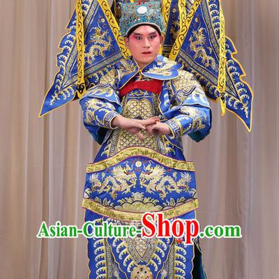 Traditional Chinese Beijing Opera Takefu Green Armour Blue Clothing and Boots Complete Set, China Peking Opera Martial General Role Costume Embroidered Opera Costumes