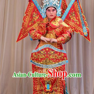Traditional Chinese Beijing Opera Military Officer Red Armour Blue Clothing and Boots Complete Set, China Peking Opera Martial General Role Costume Embroidered Opera Costumes