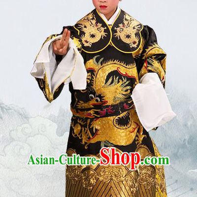 Traditional Chinese Beijing Opera Male Black Clothing and Headwear Boots Complete Set, China Peking Opera Bao Zheng Costume Embroidered Robe Opera Costumes for Kids