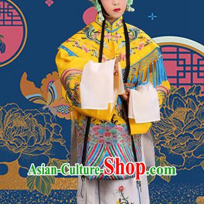 Traditional Chinese Beijing Opera Imperial Empress Clothing and Phoenix Headwear Shoes Complete Set, China Peking Opera Imperial Consort Costume Embroidered Opera Costumes for Kids