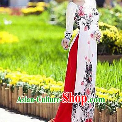 Traditional Top Grade Asian Vietnamese Ha Festival Long Ao Dai Dress, Vietnam National Jing Nationality Landscape Painting Cheongsam Costumes for Women