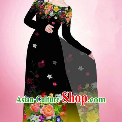 Traditional Top Grade Asian Vietnamese Ha Festival Printing Flowers Black Ao Dai Dress, Vietnam National Jing Nationality Off Shoulder Cheongsam Costumes for Women
