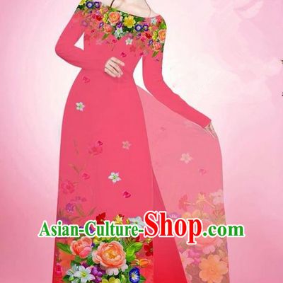 Traditional Top Grade Asian Vietnamese Ha Festival Printing Flowers Watermelon Red Ao Dai Dress, Vietnam National Jing Nationality Off Shoulder Cheongsam Costumes for Women