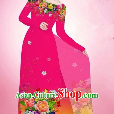 Traditional Top Grade Asian Vietnamese Ha Festival Printing Flowers Rosy Ao Dai Dress, Vietnam National Jing Nationality Off Shoulder Cheongsam Costumes for Women