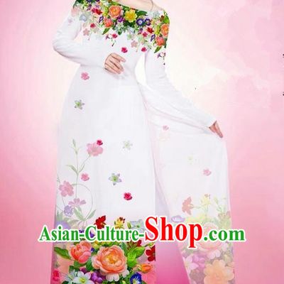 Traditional Top Grade Asian Vietnamese Ha Festival Printing Flowers White Ao Dai Dress, Vietnam National Jing Nationality Off Shoulder Cheongsam Costumes for Women