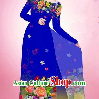 Traditional Top Grade Asian Vietnamese Ha Festival Printing Flowers Royalblue Ao Dai Dress, Vietnam National Jing Nationality Off Shoulder Cheongsam Costumes for Women