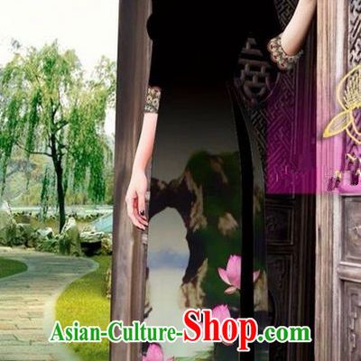 Traditional Top Grade Asian Vietnamese Ha Festival Printing China Guilin Scenery Black Ao Dai Dress, Vietnam National Jing Nationality Cheongsam Costumes for Women