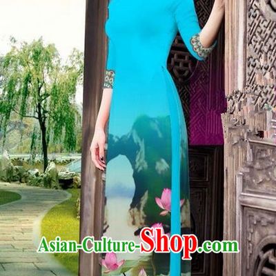 Traditional Top Grade Asian Vietnamese Ha Festival Printing China Guilin Scenery Blue Ao Dai Dress, Vietnam National Jing Nationality Cheongsam Costumes for Women