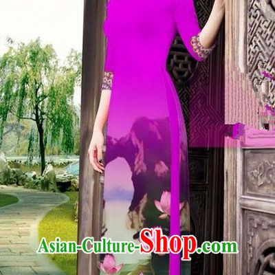 Traditional Top Grade Asian Vietnamese Ha Festival Printing China Guilin Scenery Rosy Ao Dai Dress, Vietnam National Jing Nationality Cheongsam Costumes for Women