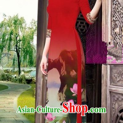 Traditional Top Grade Asian Vietnamese Ha Festival Printing China Guilin Scenery Red Ao Dai Dress, Vietnam National Jing Nationality Cheongsam Costumes for Women