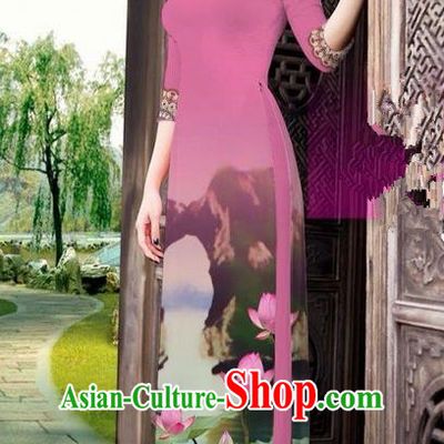 Traditional Top Grade Asian Vietnamese Ha Festival Printing China Guilin Scenery Pink Ao Dai Dress, Vietnam National Jing Nationality Cheongsam Costumes for Women
