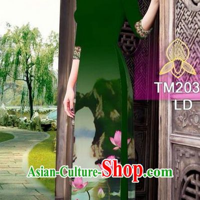 Traditional Top Grade Asian Vietnamese Ha Festival Printing China Guilin Scenery Green Ao Dai Dress, Vietnam National Jing Nationality Cheongsam Costumes for Women
