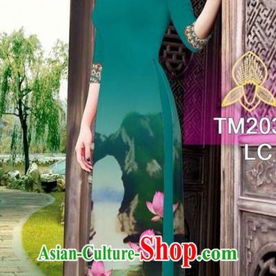 Traditional Top Grade Asian Vietnamese Ha Festival Printing China Guilin Scenery Peacock Green Ao Dai Dress, Vietnam National Jing Nationality Cheongsam Costumes for Women