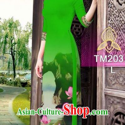 Traditional Top Grade Asian Vietnamese Ha Festival Printing China Guilin Scenery Light Green Ao Dai Dress, Vietnam National Jing Nationality Cheongsam Costumes for Women