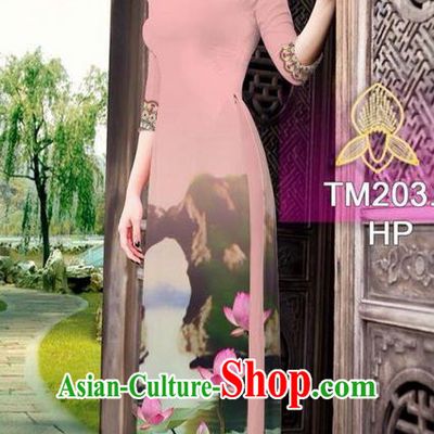 Traditional Top Grade Asian Vietnamese Ha Festival Printing China Guilin Scenery Light Pink Ao Dai Dress, Vietnam National Jing Nationality Cheongsam Costumes for Women