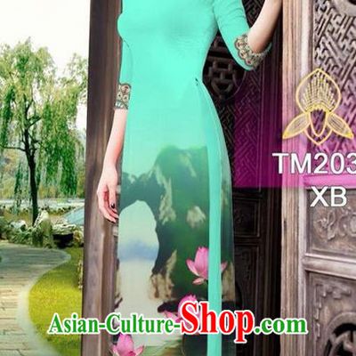 Traditional Top Grade Asian Vietnamese Ha Festival Printing China Guilin Scenery Light Blue Ao Dai Dress, Vietnam National Jing Nationality Cheongsam Costumes for Women