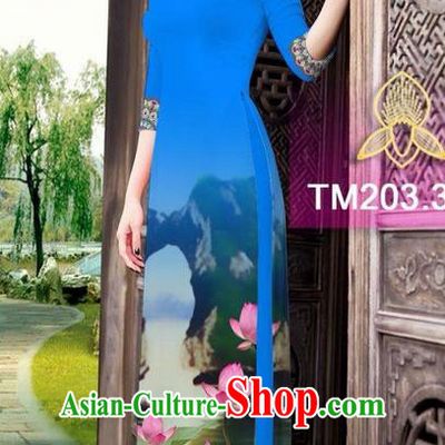 Traditional Top Grade Asian Vietnamese Ha Festival Printing China Guilin Scenery Blue Ao Dai Dress, Vietnam National Jing Nationality Cheongsam Costumes for Women