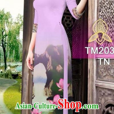 Traditional Top Grade Asian Vietnamese Ha Festival Printing China Guilin Scenery Lilac Ao Dai Dress, Vietnam National Jing Nationality Cheongsam Costumes for Women