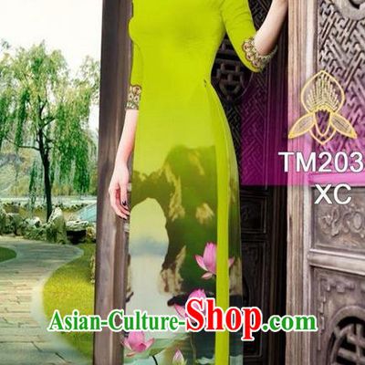 Traditional Top Grade Asian Vietnamese Ha Festival Printing China Guilin Scenery Olive Green Ao Dai Dress, Vietnam National Jing Nationality Cheongsam Costumes for Women