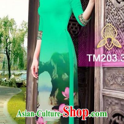 Traditional Top Grade Asian Vietnamese Ha Festival Printing China Guilin Scenery Viridis Ao Dai Dress, Vietnam National Jing Nationality Cheongsam Costumes for Women