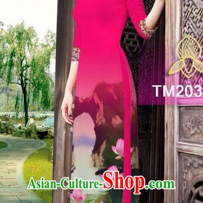Traditional Top Grade Asian Vietnamese Ha Festival Printing China Guilin Scenery Watermelon Red Ao Dai Dress, Vietnam National Jing Nationality Cheongsam Costumes for Women