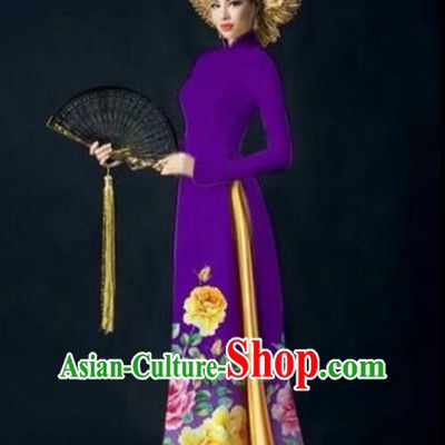 Traditional Top Grade Asian Vietnamese Ha Festival Printing Bride Ao Dai Dress, Vietnam National Jing Nationality Cheongsam Costumes for Women