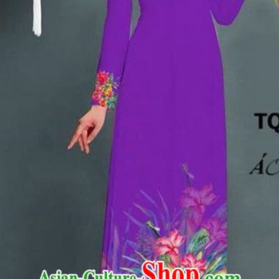 Traditional Top Grade Asian Vietnamese Ha Festival Printing Model Ao Dai Dress, Vietnam National Jing Nationality Purple Cheongsam Costumes for Women