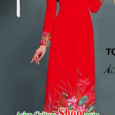 Traditional Top Grade Asian Vietnamese Ha Festival Printing Model Ao Dai Dress, Vietnam National Jing Nationality Red Cheongsam Costumes for Women