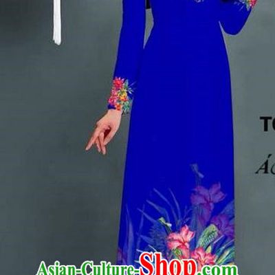 Traditional Top Grade Asian Vietnamese Ha Festival Printing Model Ao Dai Dress, Vietnam National Jing Nationality Royalblue Cheongsam Costumes for Women