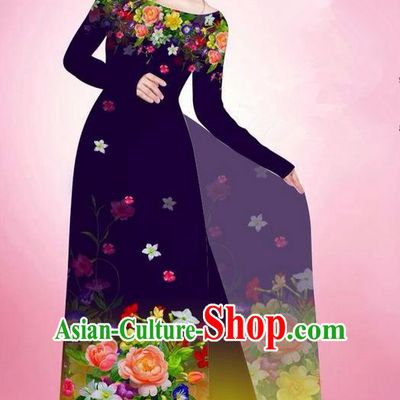 Traditional Top Grade Asian Vietnamese Ha Festival Printing Flowers Deep Purple Ao Dai Dress, Vietnam National Jing Nationality Off Shoulder Cheongsam Costumes for Women