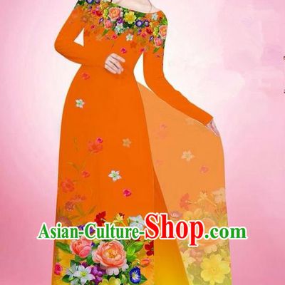 Traditional Top Grade Asian Vietnamese Ha Festival Printing Flowers Orange Ao Dai Dress, Vietnam National Jing Nationality Off Shoulder Cheongsam Costumes for Women