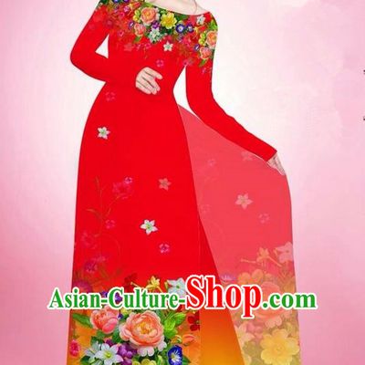 Traditional Top Grade Asian Vietnamese Ha Festival Printing Flowers Red Ao Dai Dress, Vietnam National Jing Nationality Off Shoulder Cheongsam Costumes for Women