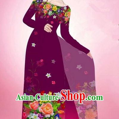 Traditional Top Grade Asian Vietnamese Ha Festival Printing Flowers Purple Ao Dai Dress, Vietnam National Jing Nationality Off Shoulder Cheongsam Costumes for Women