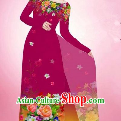 Traditional Top Grade Asian Vietnamese Ha Festival Printing Flowers Wine Red Ao Dai Dress, Vietnam National Jing Nationality Off Shoulder Cheongsam Costumes for Women