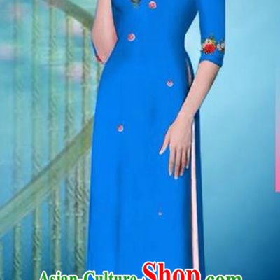 Traditional Top Grade Asian Vietnamese Ha Festival Printing Model Ao Dai Dress, Vietnam National Jing Nationality Princess Blue Cheongsam Costumes for Women