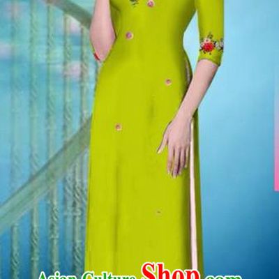 Traditional Top Grade Asian Vietnamese Ha Festival Printing Model Ao Dai Dress, Vietnam National Jing Nationality Princess Green Cheongsam Costumes for Women