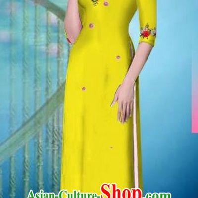Traditional Top Grade Asian Vietnamese Ha Festival Printing Model Ao Dai Dress, Vietnam National Jing Nationality Princess Yellow Cheongsam Costumes for Women