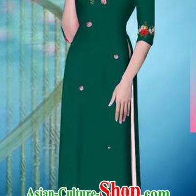 Traditional Top Grade Asian Vietnamese Ha Festival Printing Model Ao Dai Dress, Vietnam National Jing Nationality Princess Deep Green Cheongsam Costumes for Women