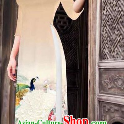 Traditional Top Grade Asian Vietnamese Ha Festival Printing Peony Khaki Ao Dai Dress, Vietnam National Jing Nationality Princess Cheongsam Costumes for Women