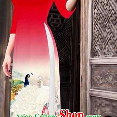 Traditional Top Grade Asian Vietnamese Ha Festival Printing Peony Red Ao Dai Dress, Vietnam National Jing Nationality Princess Cheongsam Costumes for Women