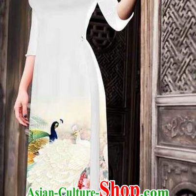 Traditional Top Grade Asian Vietnamese Ha Festival Printing Peony White Ao Dai Dress, Vietnam National Jing Nationality Princess Cheongsam Costumes for Women