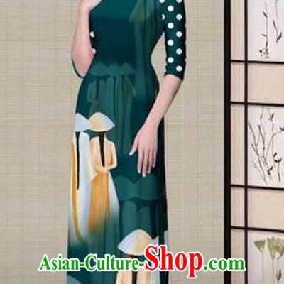 Traditional Top Grade Asian Vietnamese Ha Festival Printing Atrovirens Ao Dai Dress, Vietnam National Jing Nationality Princess Cheongsam Costumes for Women