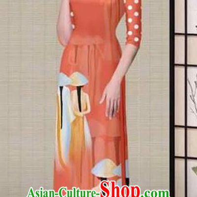 Traditional Top Grade Asian Vietnamese Ha Festival Printing Orange Ao Dai Dress, Vietnam National Jing Nationality Princess Cheongsam Costumes for Women