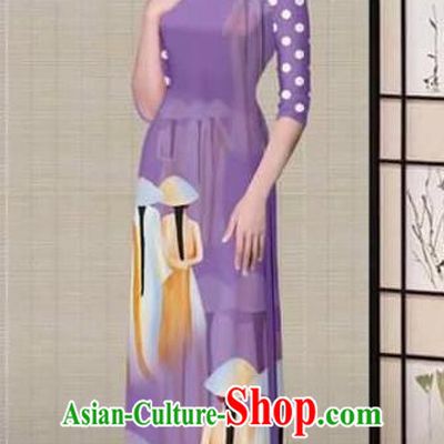 Traditional Top Grade Asian Vietnamese Ha Festival Printing Purple Ao Dai Dress, Vietnam National Jing Nationality Princess Cheongsam Costumes for Women