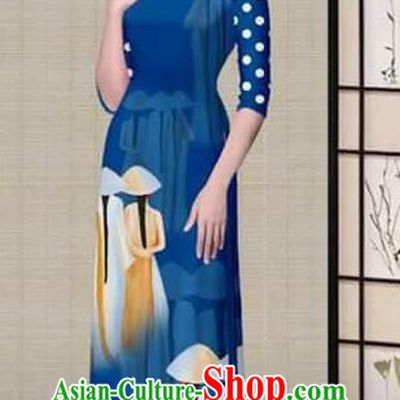 Traditional Top Grade Asian Vietnamese Ha Festival Printing Royalblue Ao Dai Dress, Vietnam National Jing Nationality Princess Cheongsam Costumes for Women