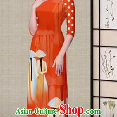 Traditional Top Grade Asian Vietnamese Ha Festival Printing Red Ao Dai Dress, Vietnam National Jing Nationality Princess Cheongsam Costumes for Women