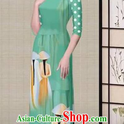 Traditional Top Grade Asian Vietnamese Ha Festival Printing Light Green Ao Dai Dress, Vietnam National Jing Nationality Princess Cheongsam Costumes for Women