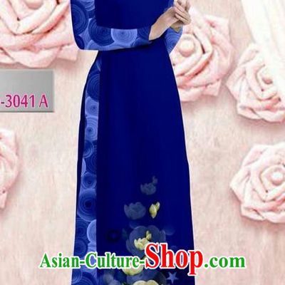 Traditional Top Grade Asian Vietnamese Ha Festival 3D Printing Bride Ao Dai Dress, Vietnam National Jing Nationality Princess Royalblue Cheongsam Costumes for Women